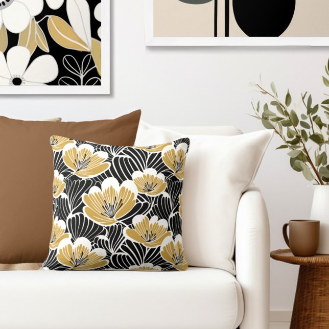 Black Gold Floral Throw Pillow (Complete your elegant retro look with an exclusive Wild on Flowers Throw PIllow.)