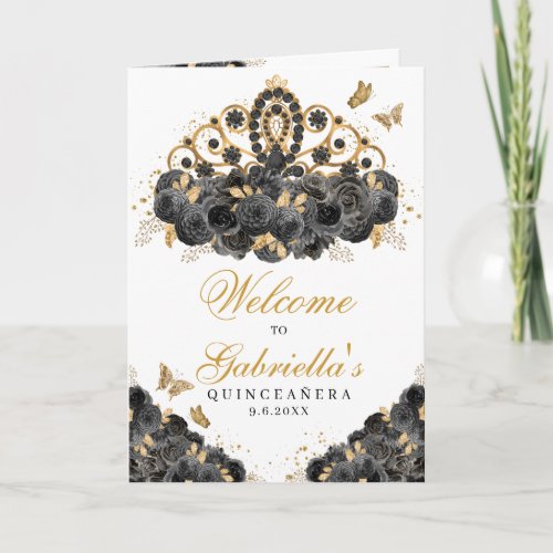 Black  Gold Floral Tiara Quinceanera Program