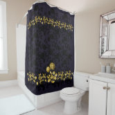 Black Gold Floral Toile On Navy Blue Shower Curtain | Zazzle