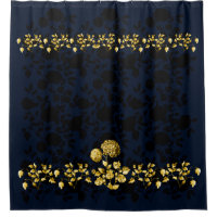 Black Gold Floral Toile On Navy Blue Shower Curtain | Zazzle