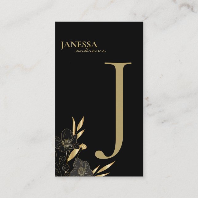 Black gold floral typography simple name place place card (Front)