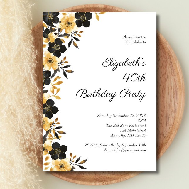 Black Gold Floral Watercolor 40th Birthday Party Invitation (Black Gold watercolor florals 40th Birthday party invitation for her)