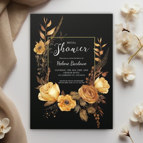 Black Gold Floral Watercolor Bridal Shower Invitation