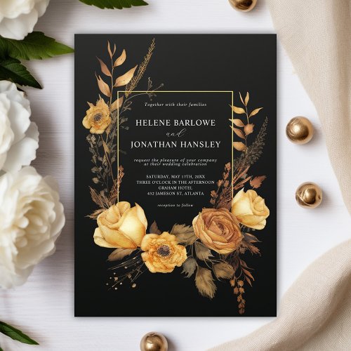 Black Gold Floral Watercolor Elegant Wedding Invitation