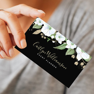 Black Gold Floral Watercolor Script Elegant Modern Business Card