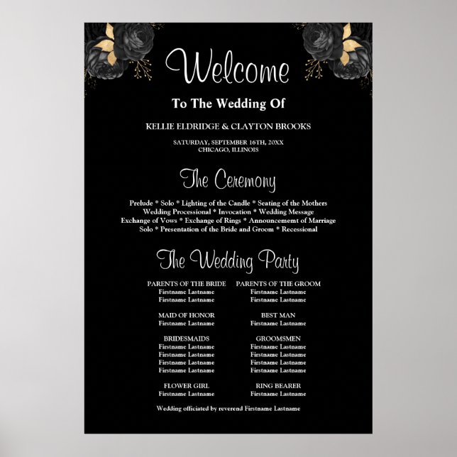 Black & Gold Floral Wedding Ceremony Program Sign (Front)