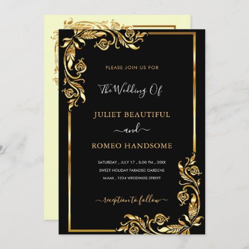 Black Gold Floral Wedding Invitation Golden Framed