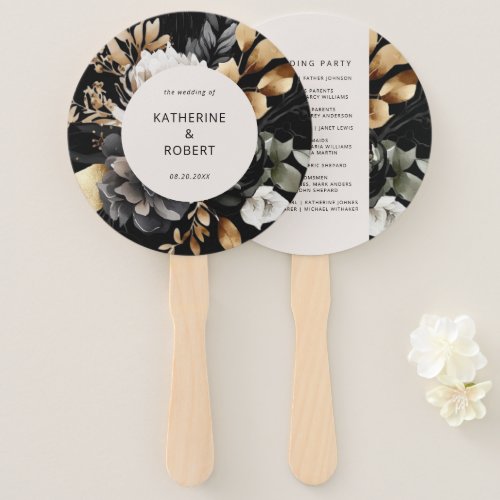 Black Gold Floral Wedding Program Hand Fan