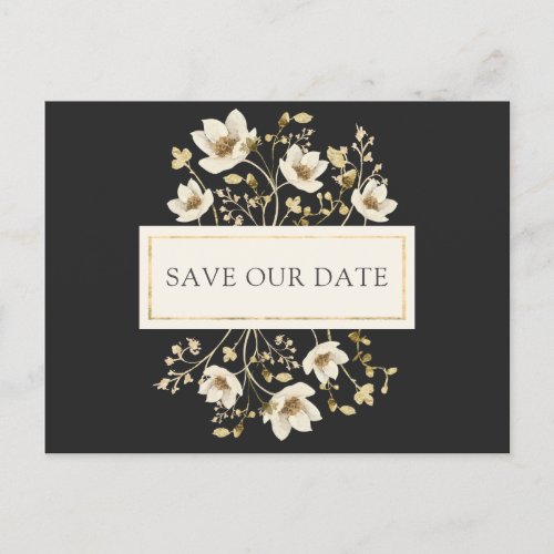 Black Gold Floral Wedding Save the Date Postcard