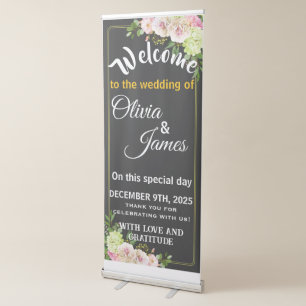 Black Gold Floral Wedding Welcome Banne Retractable Banner