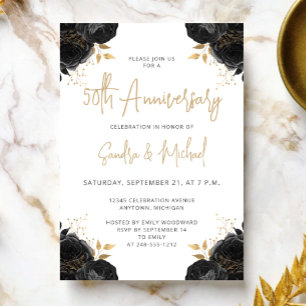 Black Gold Floral White 50th Anniversary Invitation