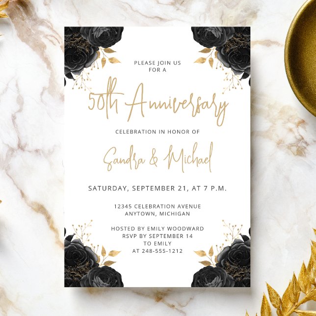 Black Gold Floral White 50th Anniversary Invitation (Creator Uploaded)