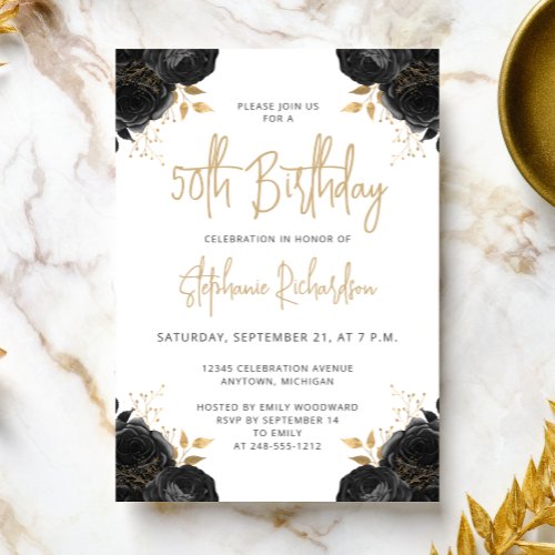 Black Gold Floral White 50th Birthday Invitation