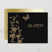 Black, Gold Floral with Butterflies Reply Card (Front/Back)