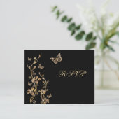 Black, Gold Floral with Butterflies Reply Card (Standing Front)