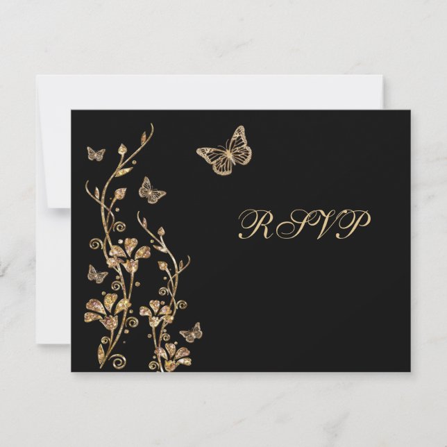 Black, Gold Floral with Butterflies Reply Card (Front)