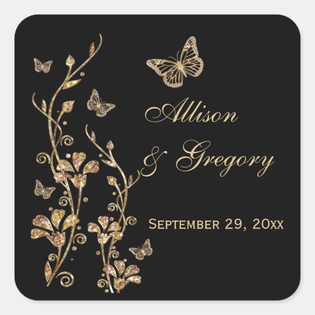 Black, Gold Floral with Butterflies Sticker (Front)