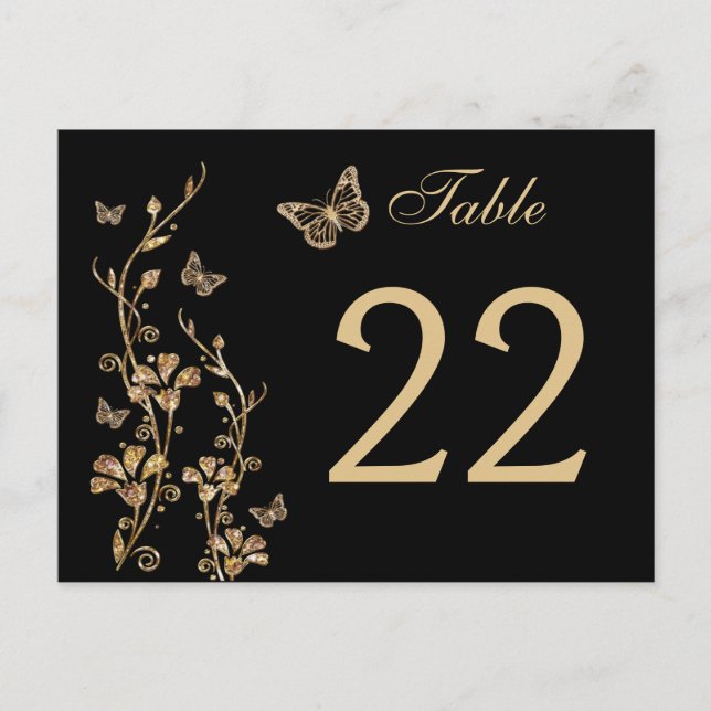 Black, Gold Floral with Butterflies Table Number (Front)