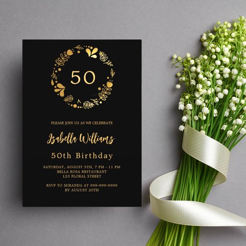Black gold floral wreath birthday invitation