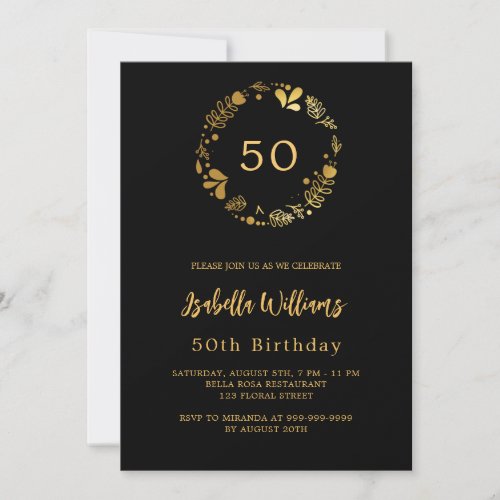 Black gold floral wreath luxury birthday invitation