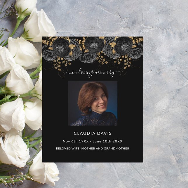 Black gold florals photo funeral program (Creator Uploaded)