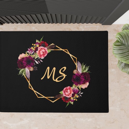 Black gold florals pink monogram initials doormat