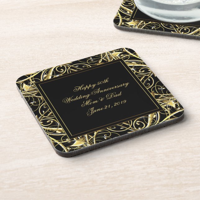 Black Gold Flourish 50th Anniversary Beverage Coaster (Left Side)