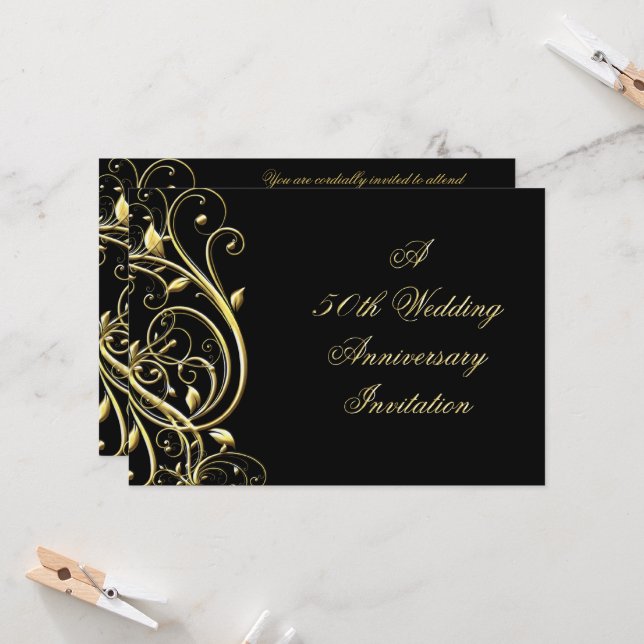 Black Gold Flourish 50th Anniversary Invitation (Front/Back In Situ)