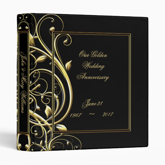 Black Gold Flourish 50th Wedding Anniversary 3 Ring Binder (Front/Spine)