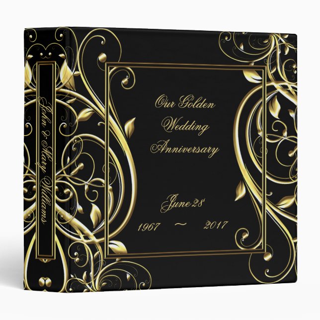 Black Gold Flourish 50th Wedding Anniversary 3 Ring Binder (Front/Spine)