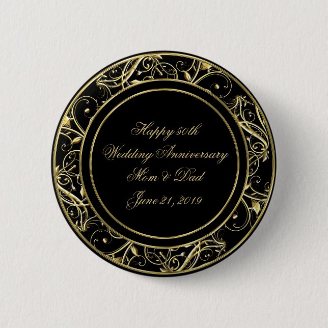 Black Gold Flourish 50th Wedding Anniversary Button (Front)