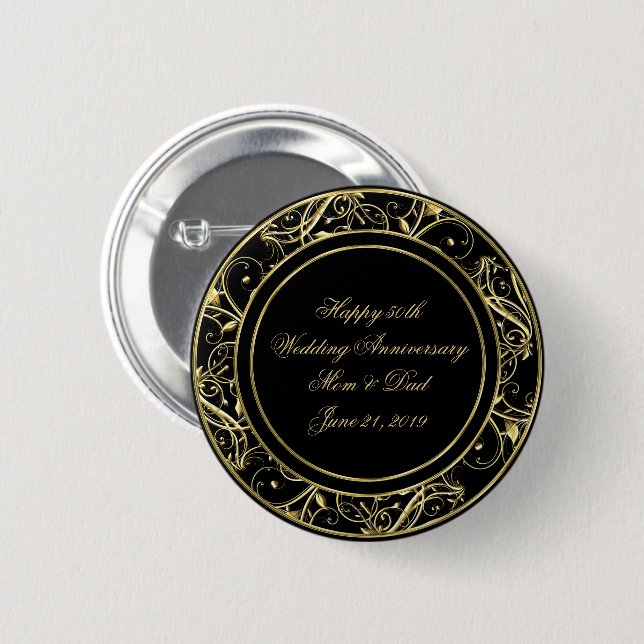 Black Gold Flourish 50th Wedding Anniversary Button (Front & Back)
