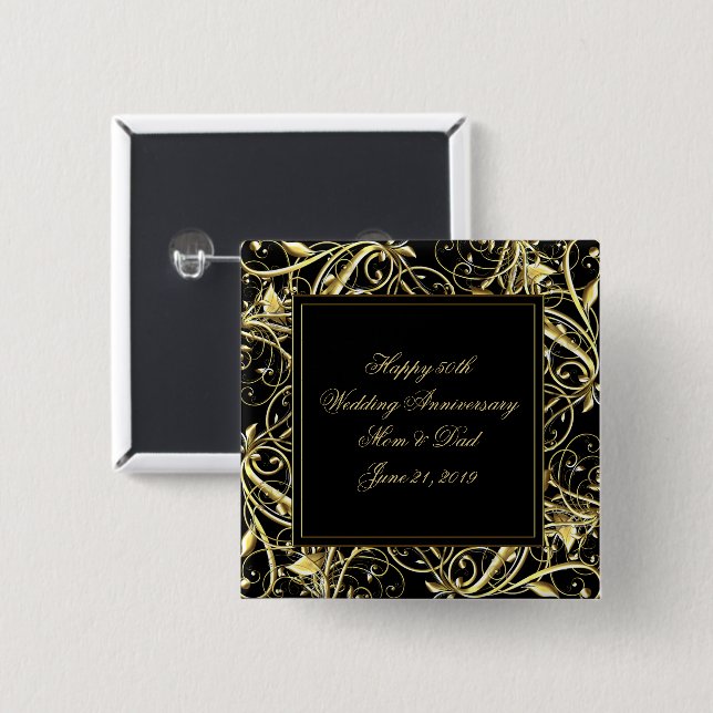 Black Gold Flourish 50th Wedding Anniversary Button (Front & Back)