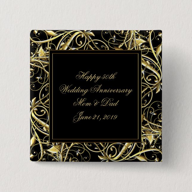 Black Gold Flourish 50th Wedding Anniversary Button (Front)