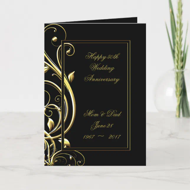 Black Gold Flourish 50th Wedding Anniversary Card | Zazzle
