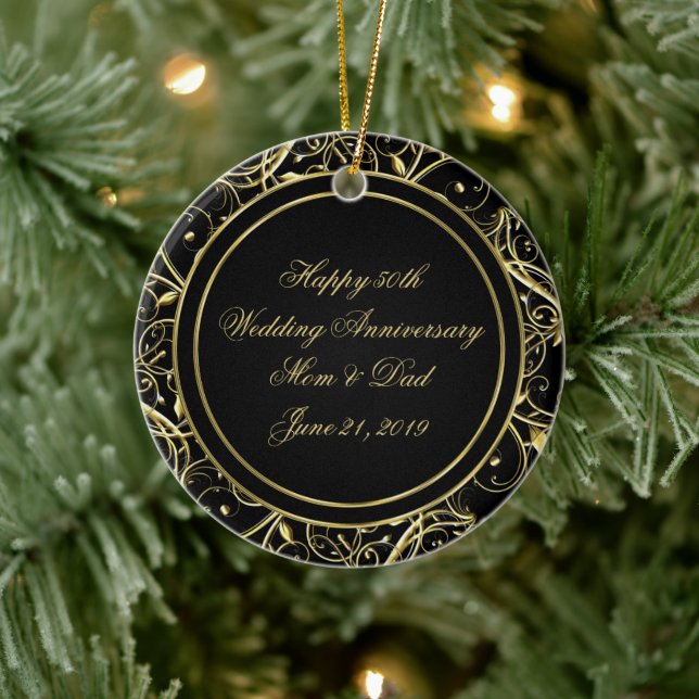 Black Gold Flourish 50th Wedding Anniversary Ceramic Ornament (Tree)