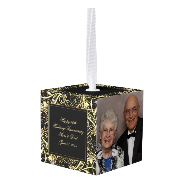 Black Gold Flourish 50th Wedding Anniversary Cube Ornament (Back Angled)