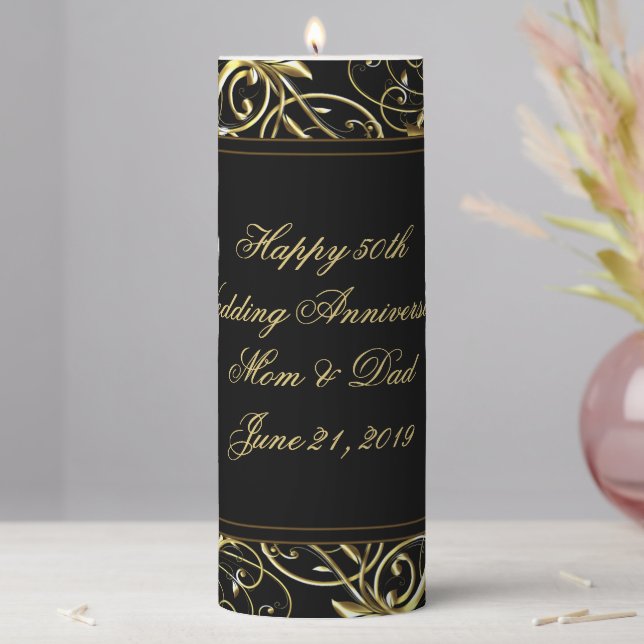 Black Gold Flourish 50th Wedding Anniversary Pillar Candle (In Situ)