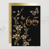 Black, Gold Flowers & Butterflies 65th Invitation (Front/Back)