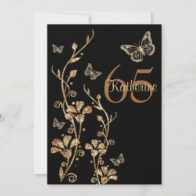 Black, Gold Flowers & Butterflies 65th Invitation (Front)