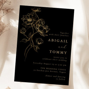 Black, Gold Flowers Classic Modern Wedding Invitation