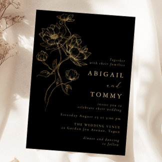 Black, Gold Flowers Classic Modern Wedding Invitation