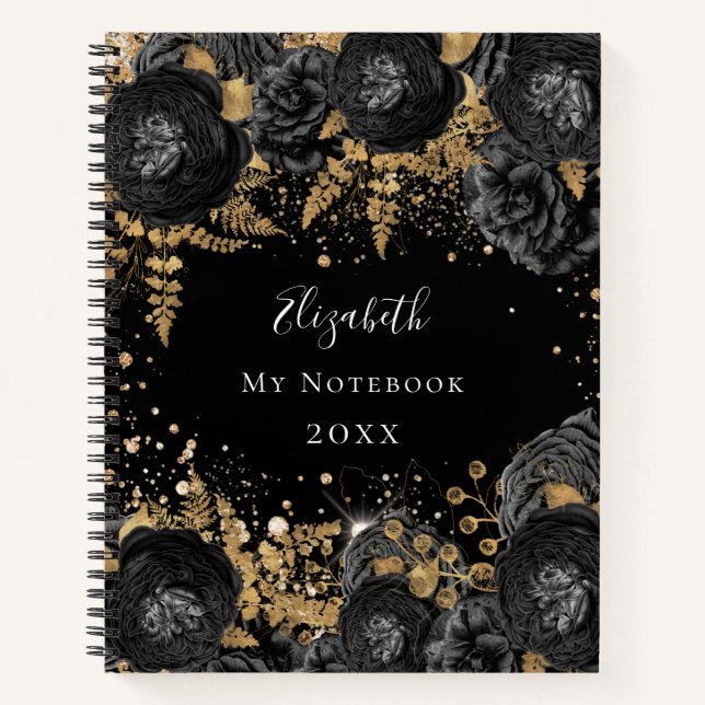 Black gold flowers glitter name glamorous notebook (Front)