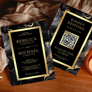 Black Gold Fluid Ink QR Code Wedding Invitation