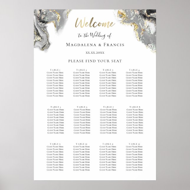 black gold fluid marble wedding seating chart (Front)