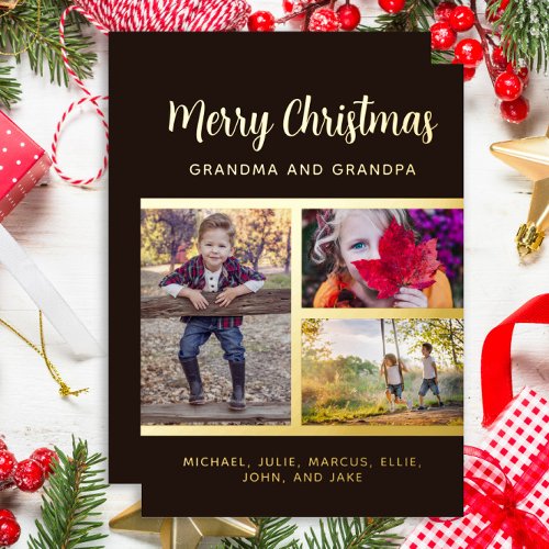 Black Gold Foil 3 Photo Grandparent Christmas Foil Holiday Card