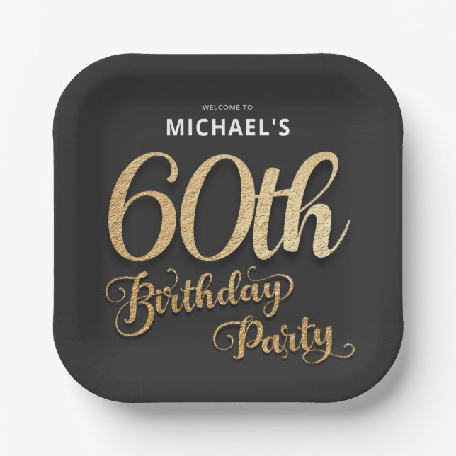 Black Gold Foil 60th Birthday Party Paper Plates (Front)