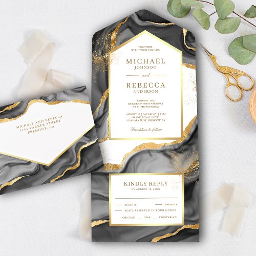 Black Gold Foil Abstract Fluid Ink Wedding All In One Invitation