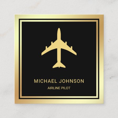 Black Gold Foil Aircraft Airplane Airline Pilot Square Business Card