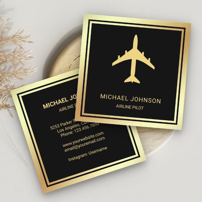 Black Gold Foil Aircraft Airplane Airline Pilot Square Business Card (Creator Uploaded)